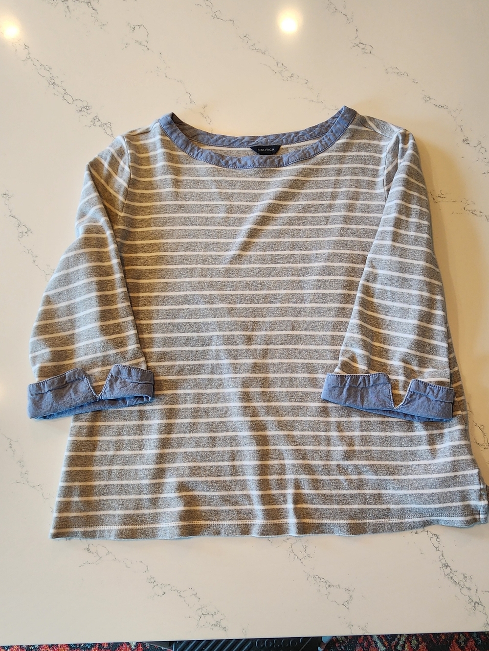 Nautica Gray & White Striped 3/4 Sleeve Top with Blue Trim